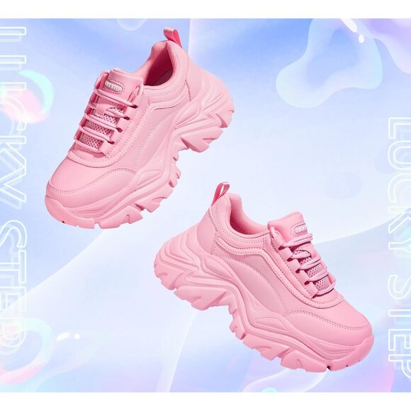 Brand New Women Pink Rubber LUCKY STEP Chunky Platform Dad Walking Sneaker - Picture 5 of 9